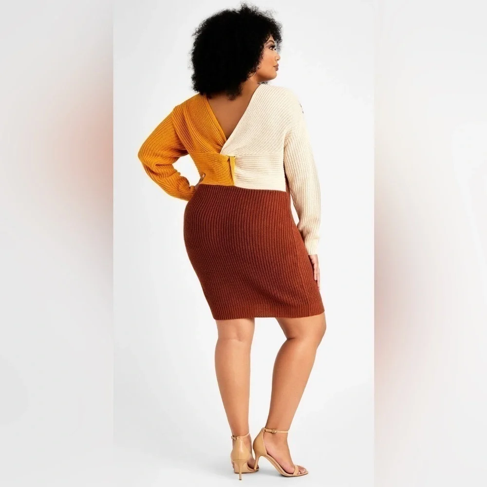 NEW Ashley Stewart Colorblock Cable Knit V-Back Knot Sweater Dress Size 14/16 - Picture 3 of 10